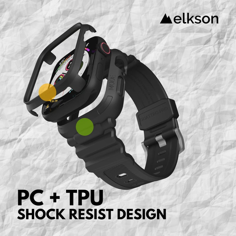 Elkson Designed for Apple Watch Series SE3 9/8/7/6/5/4 [45/44mm], Quattro Pro Series Rugged Military Grade Protective Bumper Case with Strap Bands for iWatch, Stealth Black - Image 3